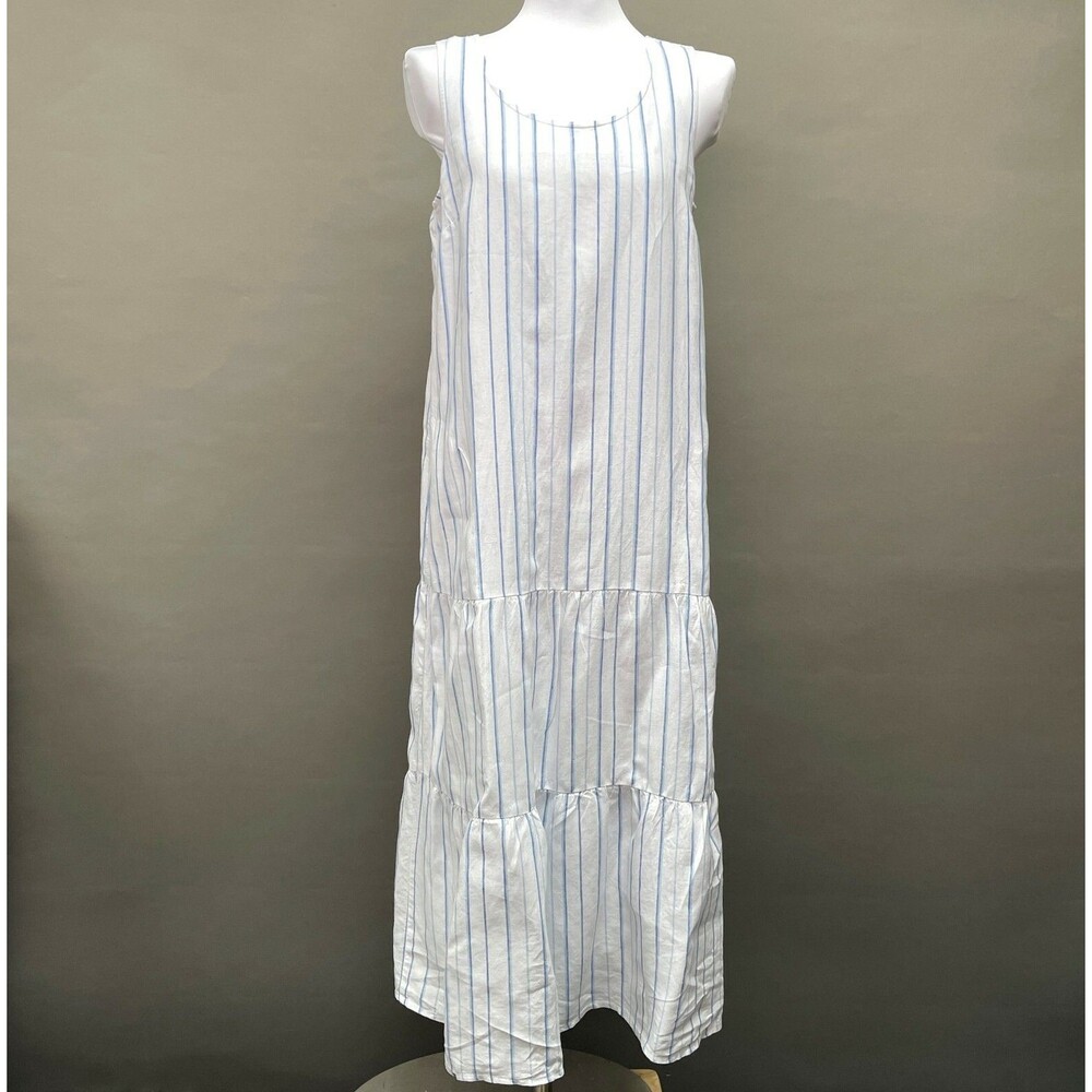 J. Jill Love Linen Dress Small White Blue‎ Sleeveless Striped Lined Tiered